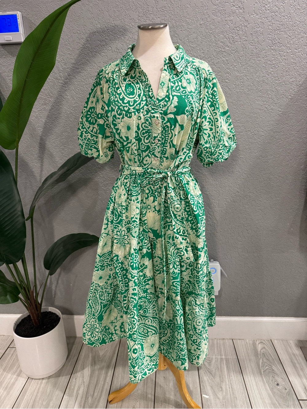 Umgee Green and White Paisley Button-Front Midi Dress